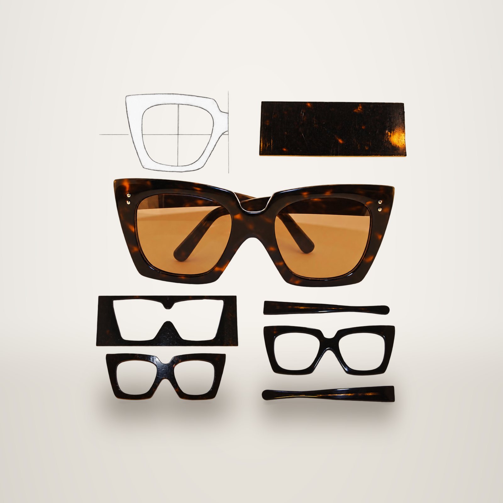 Étapes de fabrication de lunettes de soleil en écaille, du croquis au produit fini
