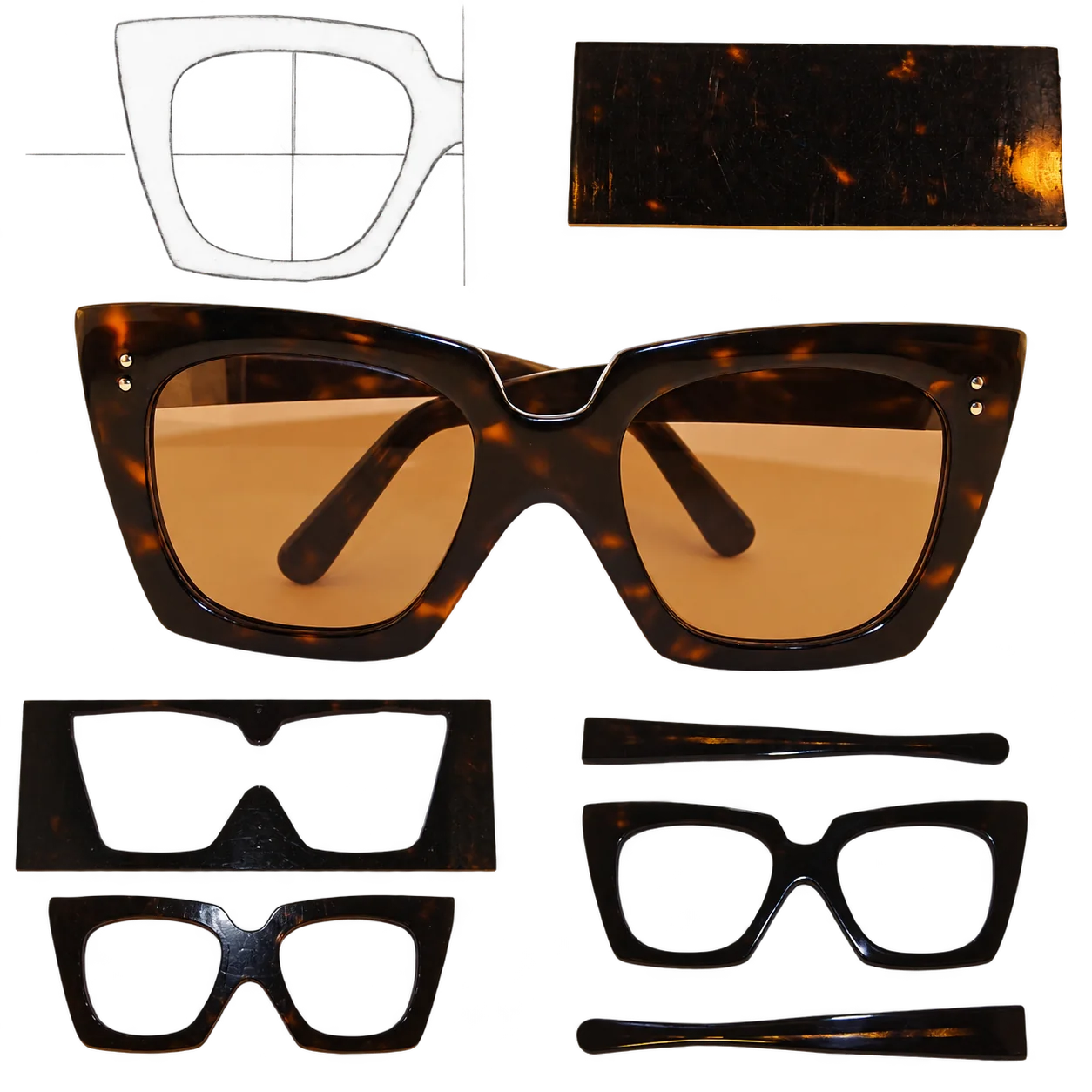 Étapes de fabrication de lunettes de soleil en écaille, du croquis au produit fini