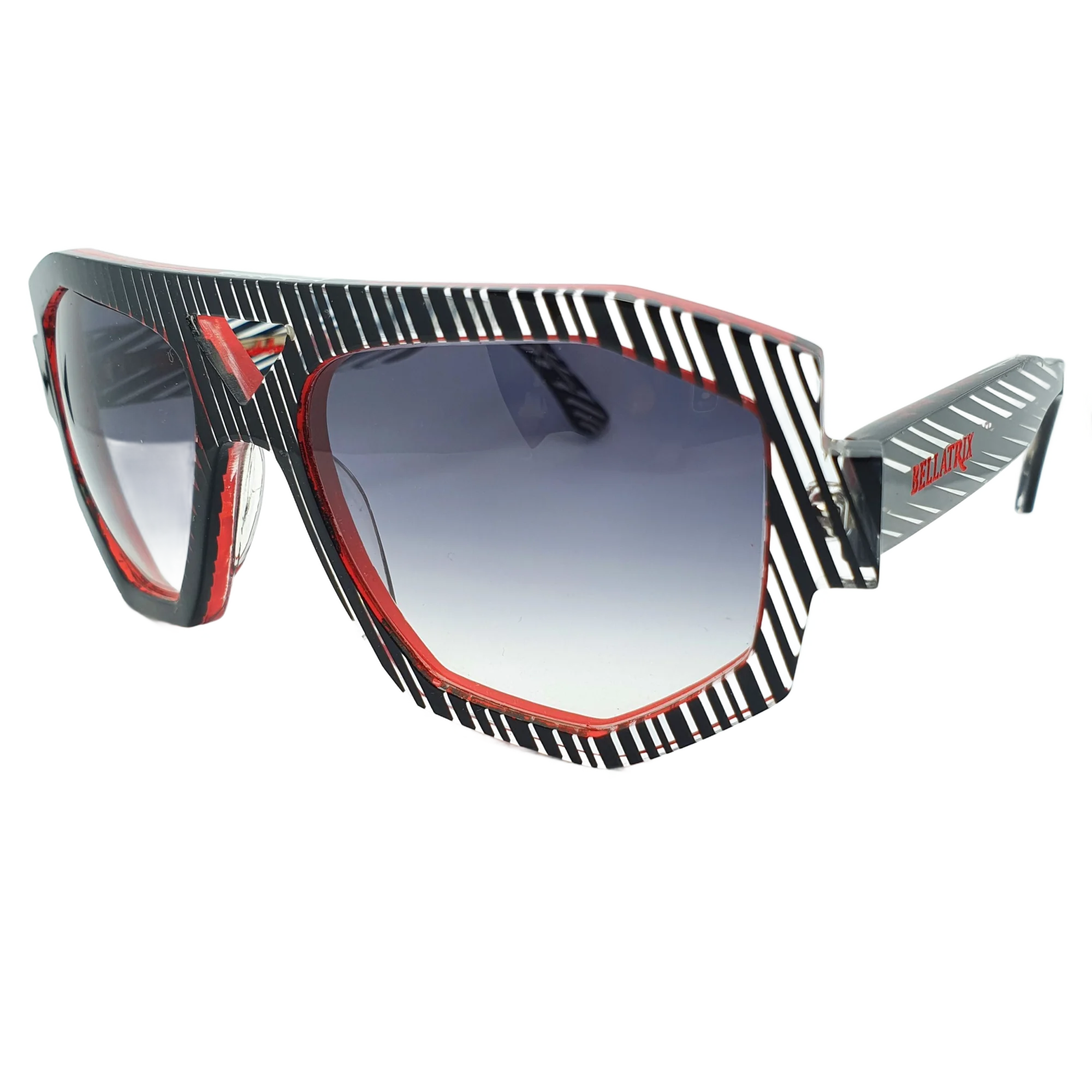 Lunettes de soleil géométriques à monture rayée noire, blanche et rouge
