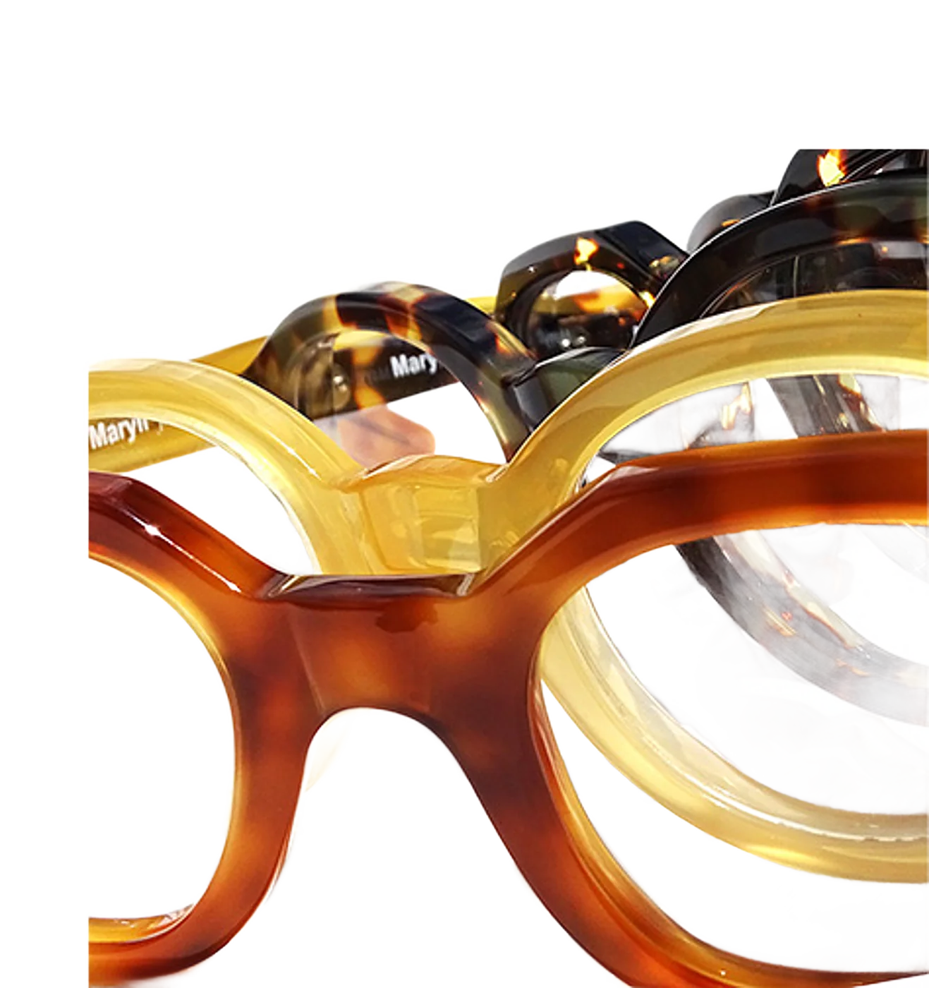 Montures de lunettes en acétate colorées, écaille et jaune, origine France